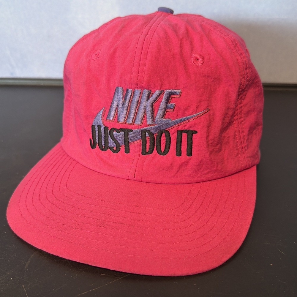 VTG NIKE Swoosh Spell Out Nylon Neon Pink‎ RARE Retro 80s 90s Running Panel Hat